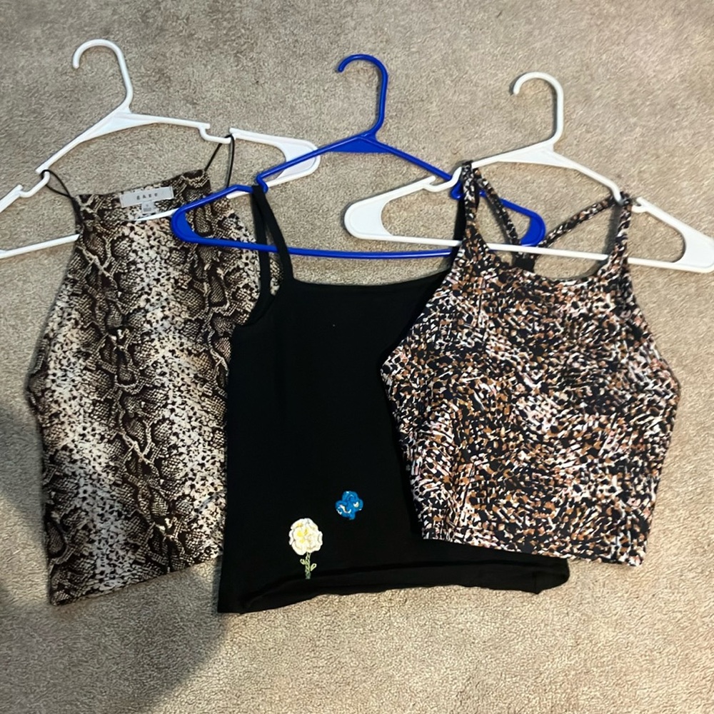 3 piece crop top animal print and the black has embroidered flowers